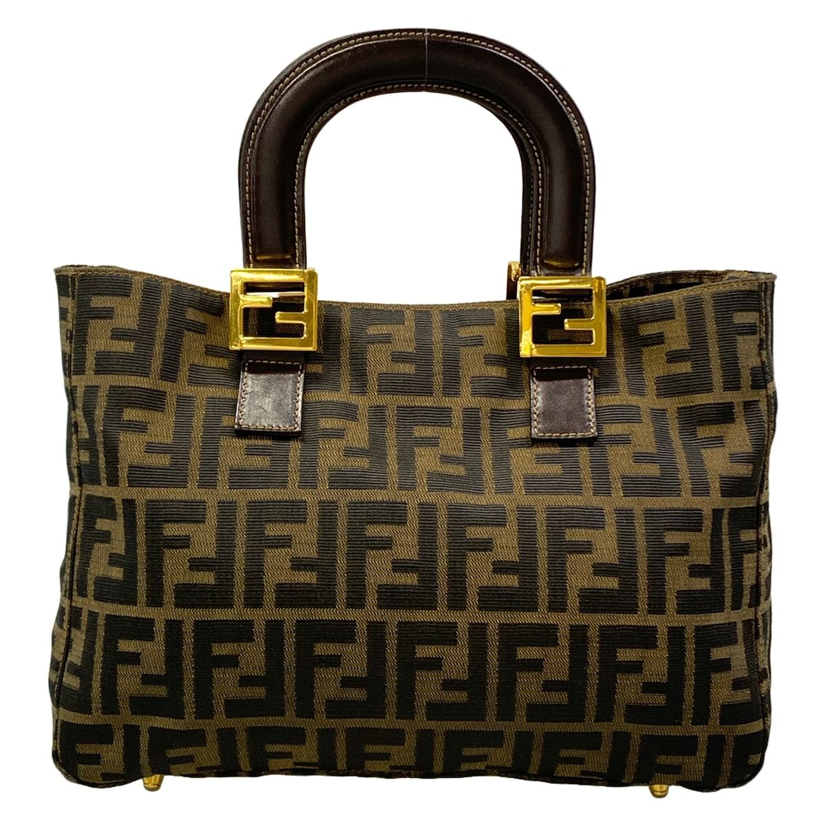 Fendi Tote Zucca Pattern Beige Black Dark Brown Leather