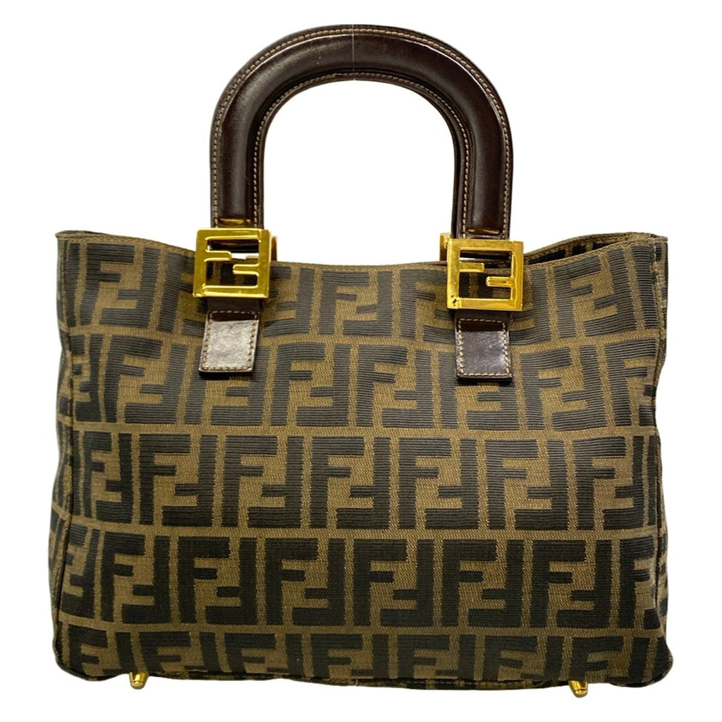 Fendi Tote Zucca Pattern Beige Black Dark Brown Leather — view 3