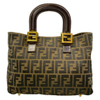 Fendi Tote Zucca Pattern Beige Black Dark Brown Leather — view 3