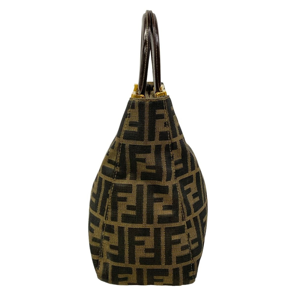 Fendi Tote Zucca Pattern Beige Black Dark Brown Leather — view 2