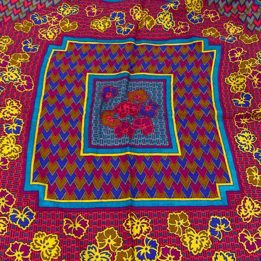 Hermes Shawl Pink Khaki Multi Geometric Pattern Floral Cashmere Silk Scarf — view 5