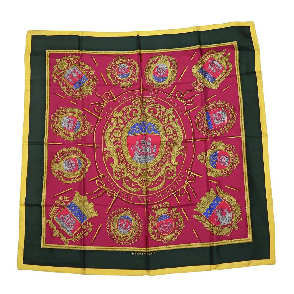 Hermes Carre 90 Scarf Paris Coat of Arms Silk 100% Multicolor Yellow