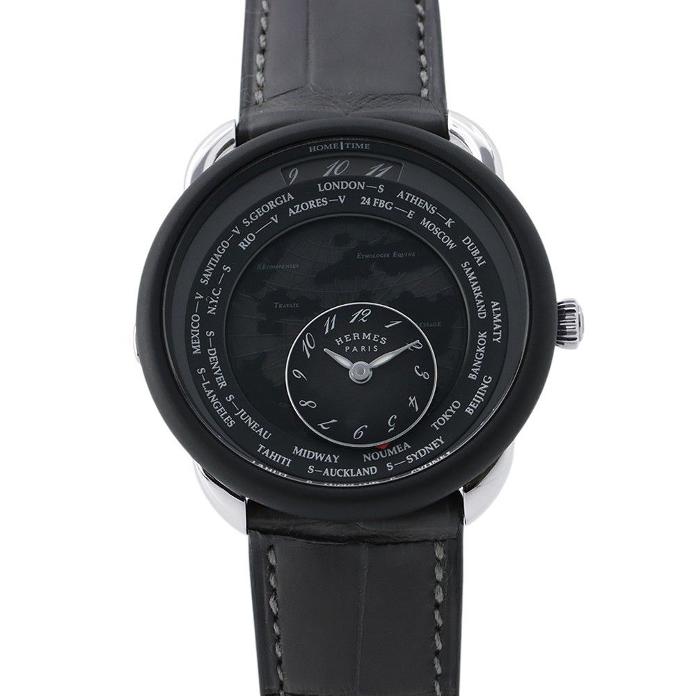 Hermes Also le Tan Voyageur Dual Time Extra Large Watch Black Dial