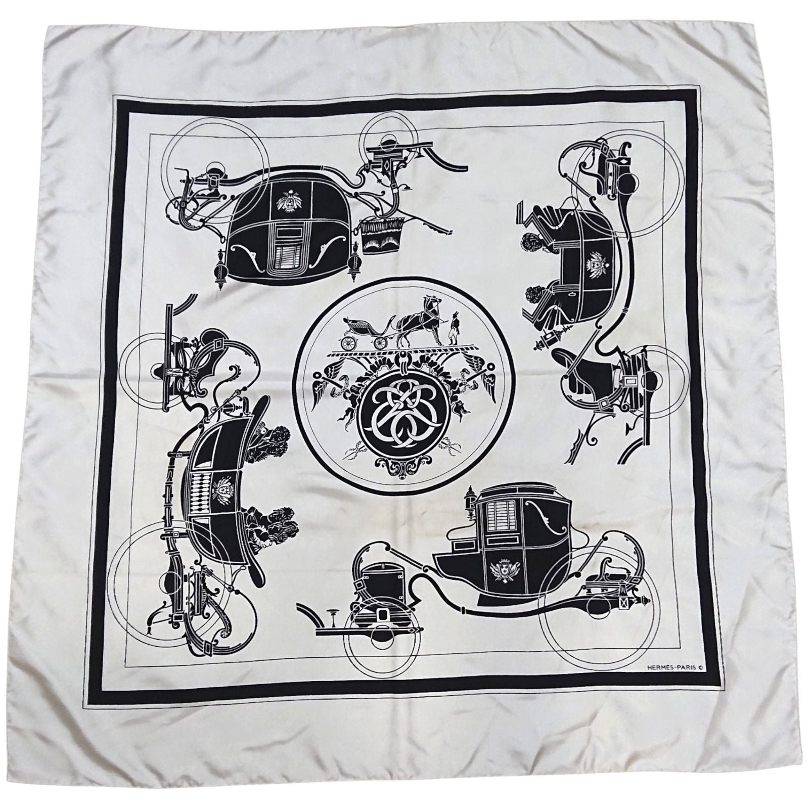 Hermes Carre 90 Carriage Pattern Exlibris Vintage Silk Scarf White Black