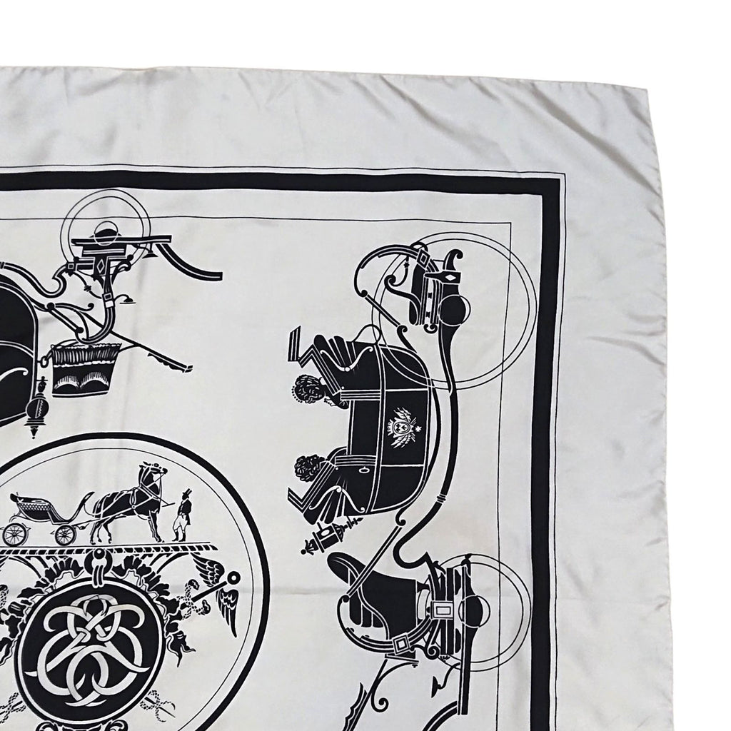 Hermes Carre 90 Carriage Pattern Exlibris Vintage Silk Scarf White Black — view 4