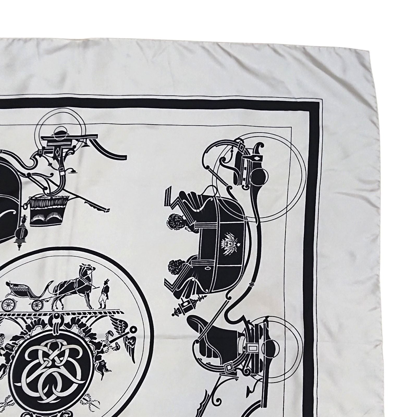Hermes Carre 90 Carriage Pattern Exlibris Vintage Silk Scarf White Black — view 4