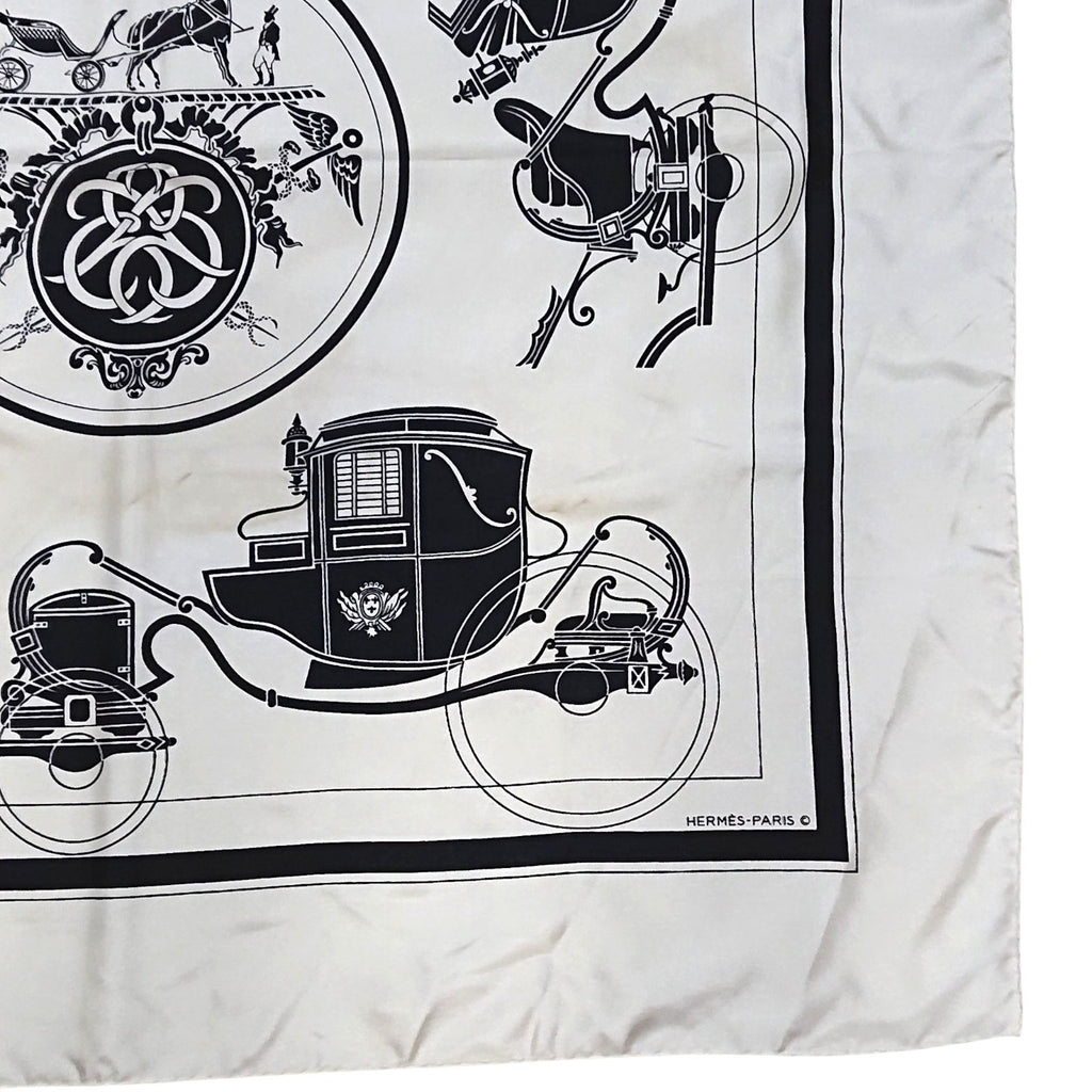Hermes Carre 90 Carriage Pattern Exlibris Vintage Silk Scarf White Black — view 3