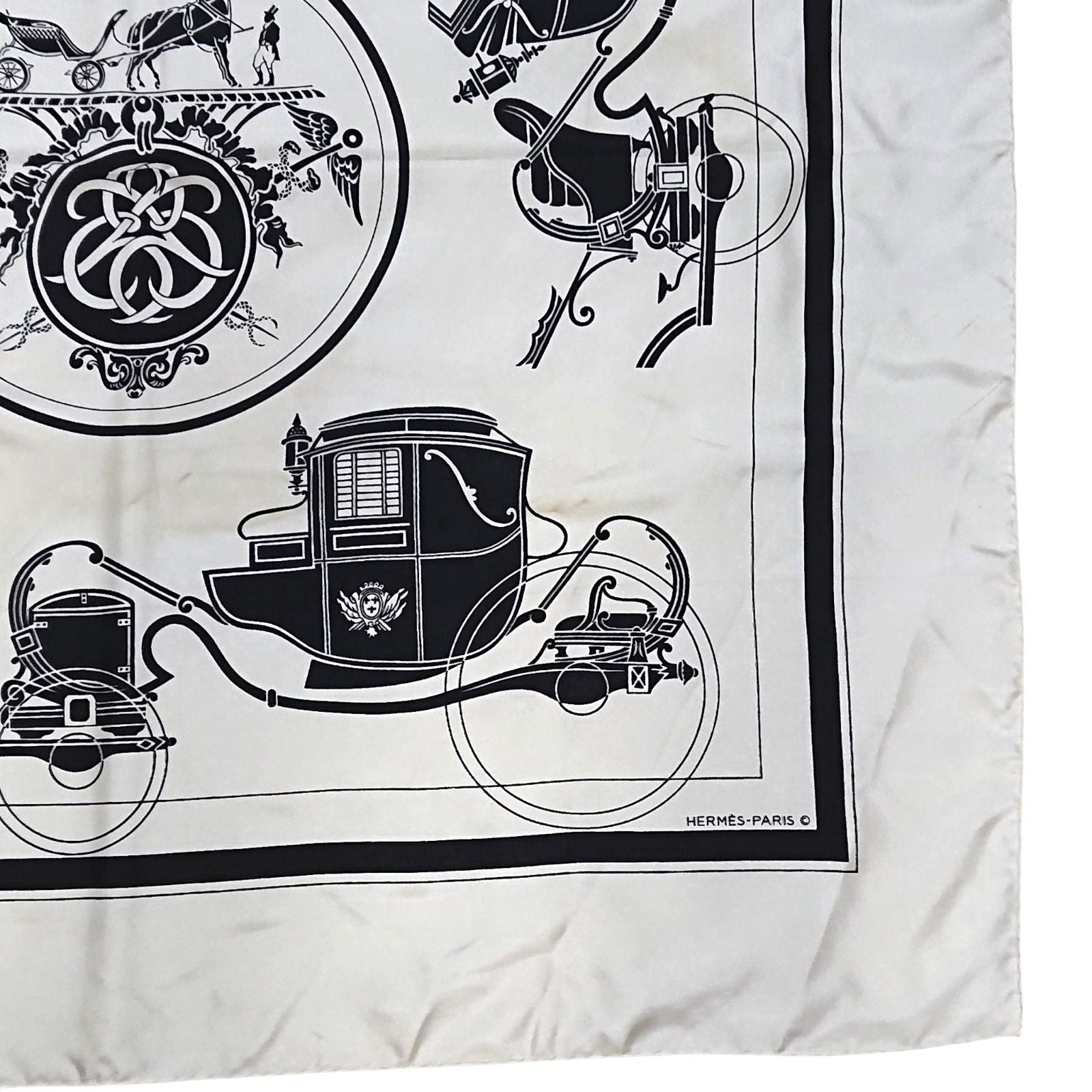 Hermes Carre 90 Carriage Pattern Exlibris Vintage Silk Scarf White Black — view 3