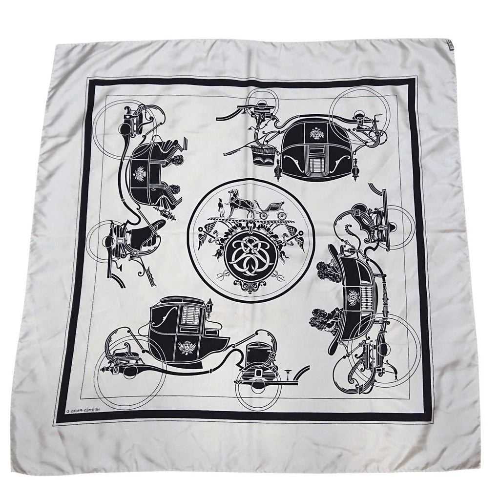 Hermes Carre 90 Carriage Pattern Exlibris Vintage Silk Scarf White Black — view 9