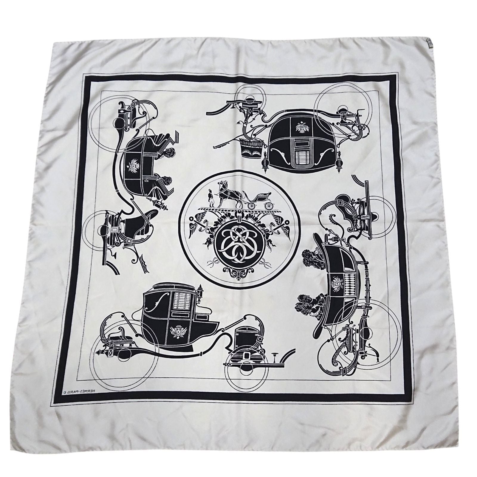 Hermes Carre 90 Carriage Pattern Exlibris Vintage Silk Scarf White Black — view 9
