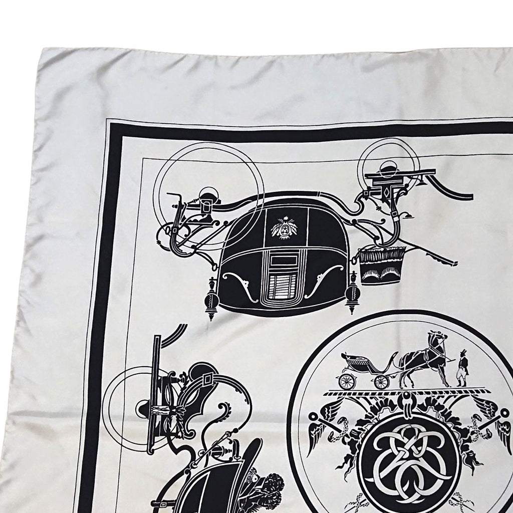 Hermes Carre 90 Carriage Pattern Exlibris Vintage Silk Scarf White Black — view 5