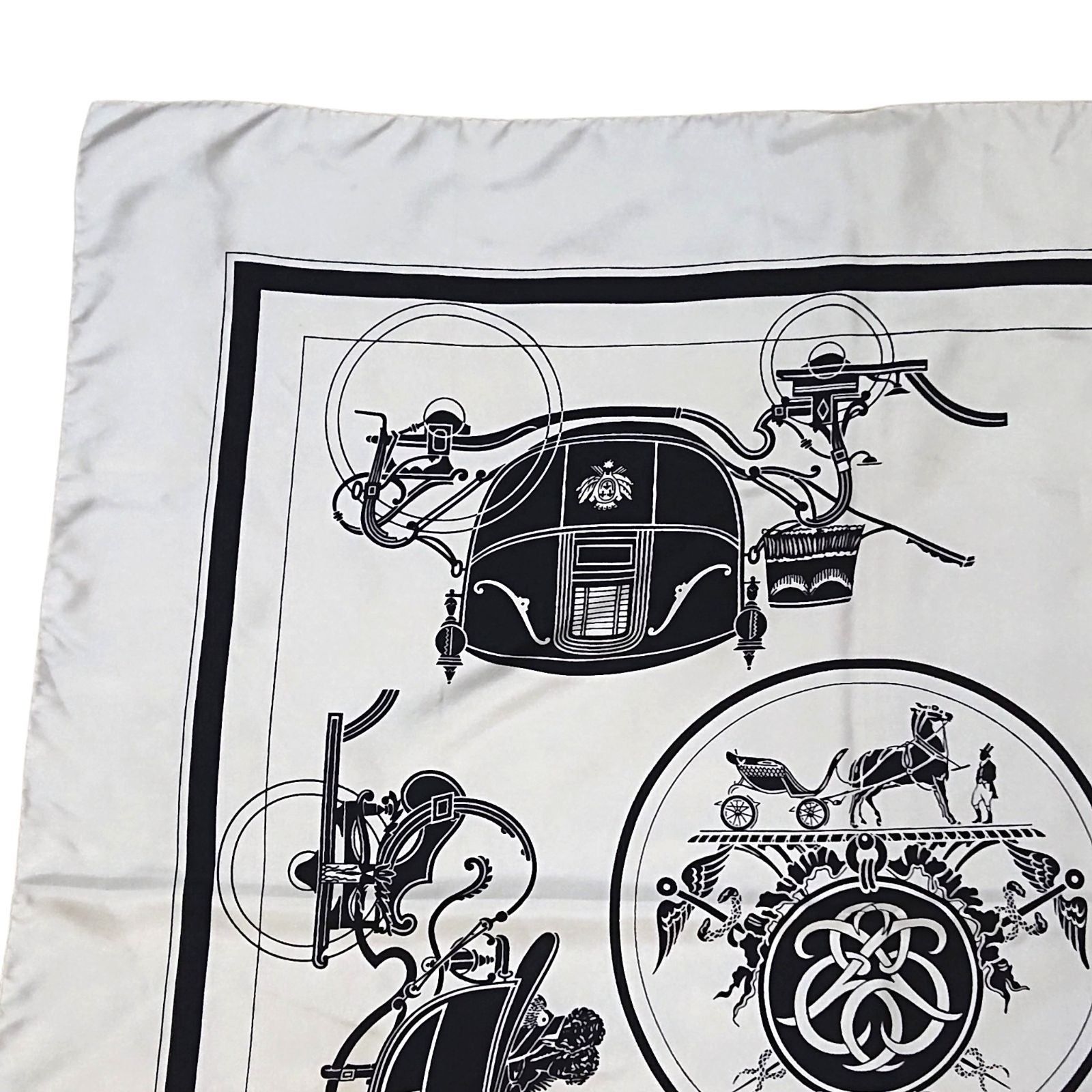 Hermes Carre 90 Carriage Pattern Exlibris Vintage Silk Scarf White Black — view 5