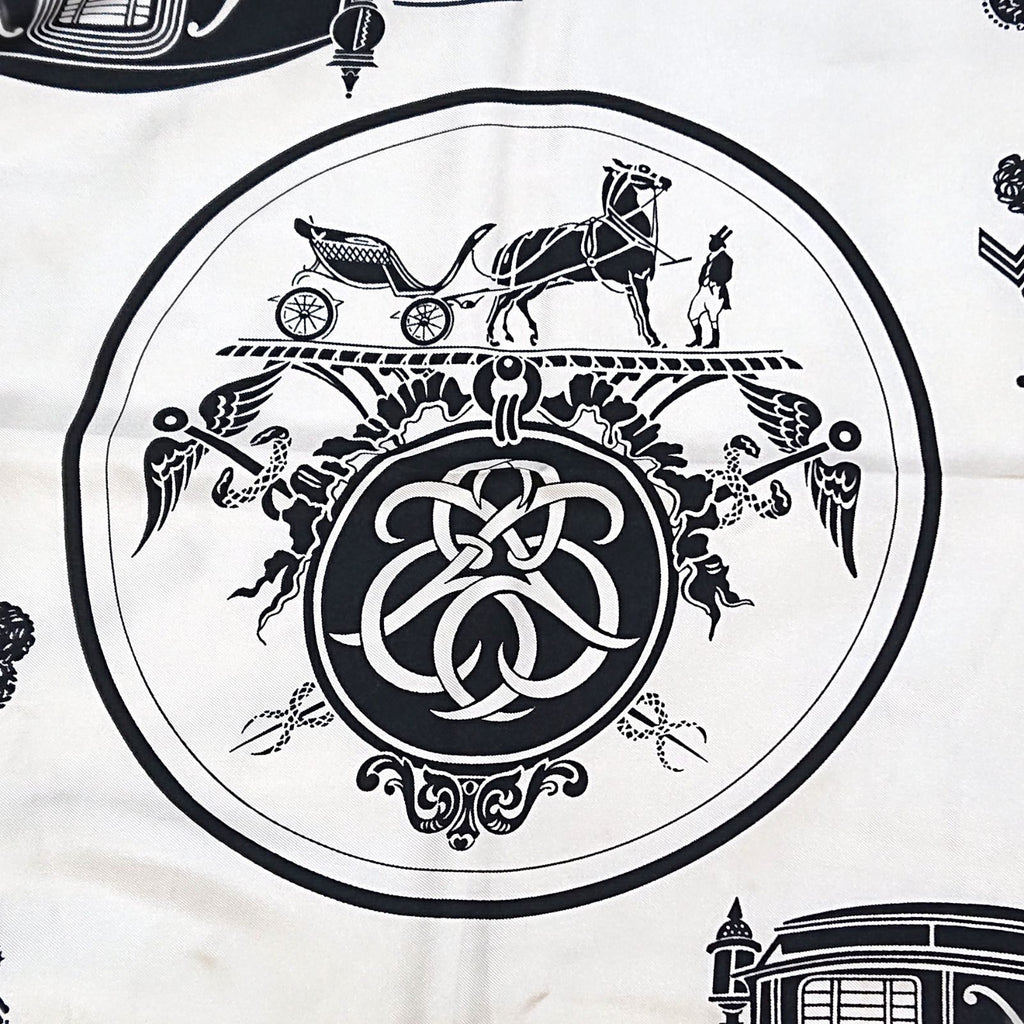 Hermes Carre 90 Carriage Pattern Exlibris Vintage Silk Scarf White Black — view 8