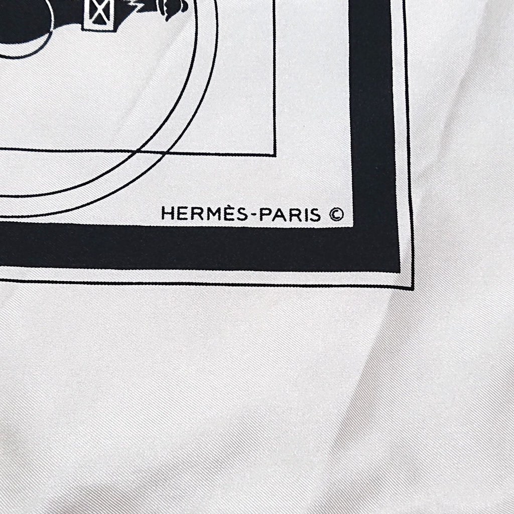 Hermes Carre 90 Carriage Pattern Exlibris Vintage Silk Scarf White Black — view 6
