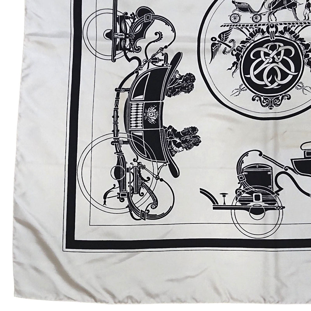 Hermes Carre 90 Carriage Pattern Exlibris Vintage Silk Scarf White Black — view 2