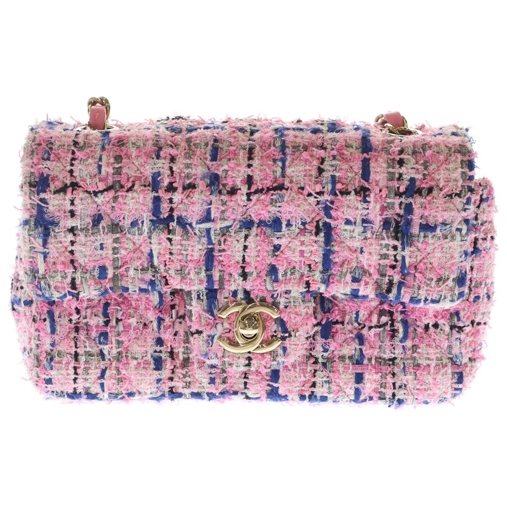 Chanel Mini Quilted 20 Single Flap Chain Shoulder Bag Pink Tweed