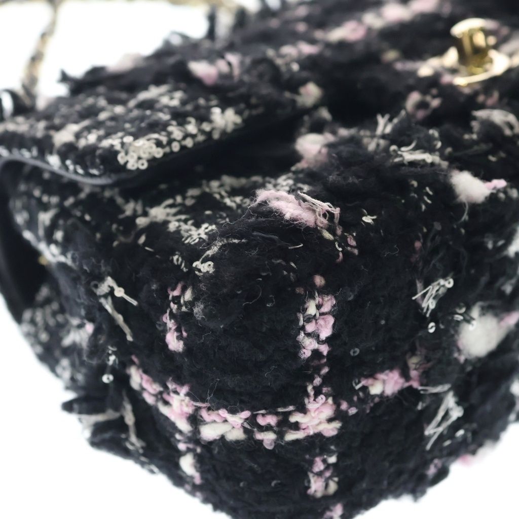 Chanel Mini Quilted Tweed Chain Shoulder Bag Black Pink White Gold — view 5