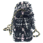 Chanel Mini Quilted Tweed Chain Shoulder Bag Black Pink White Gold — view 3