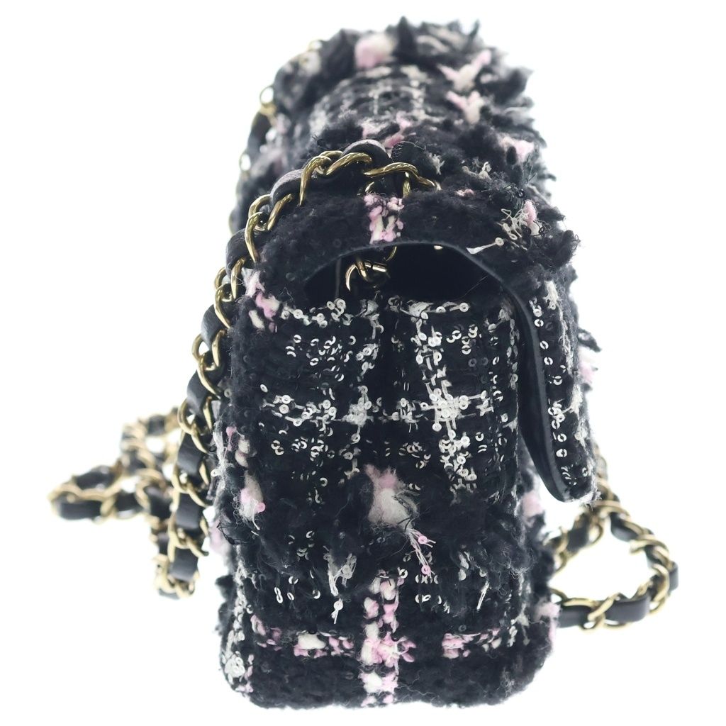 Chanel Mini Quilted Tweed Chain Shoulder Bag Black Pink White Gold — view 3