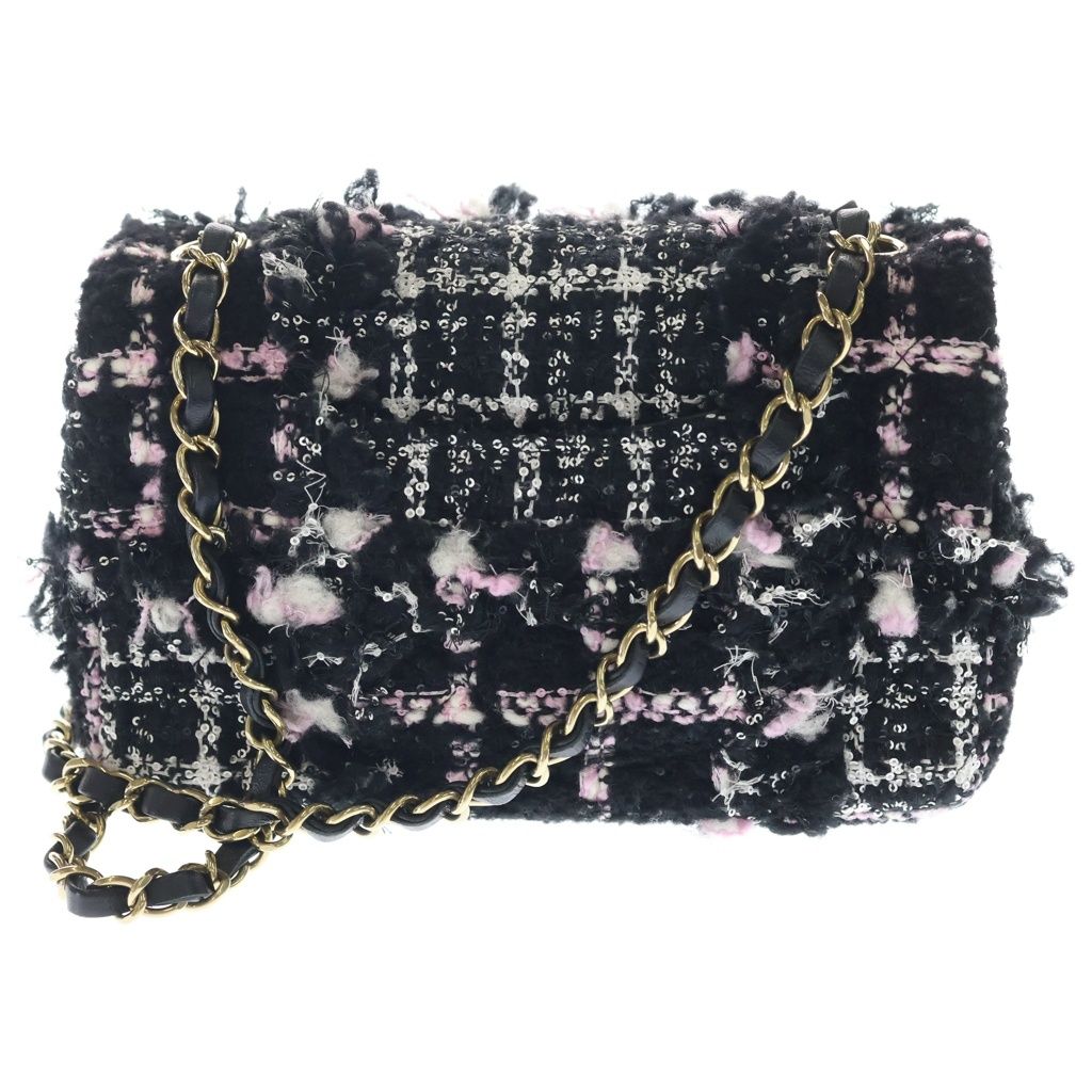 Chanel Mini Quilted Tweed Chain Shoulder Bag Black Pink White Gold — view 2