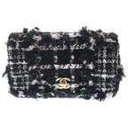 Chanel Mini Quilted Tweed Chain Shoulder Bag Black Pink White Gold
