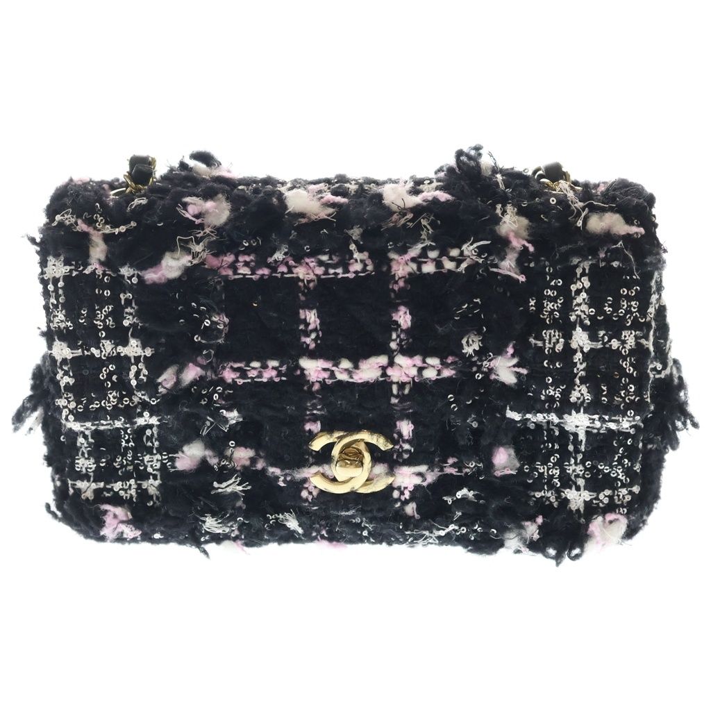 Chanel Mini Quilted Tweed Chain Shoulder Bag Black Pink White Gold