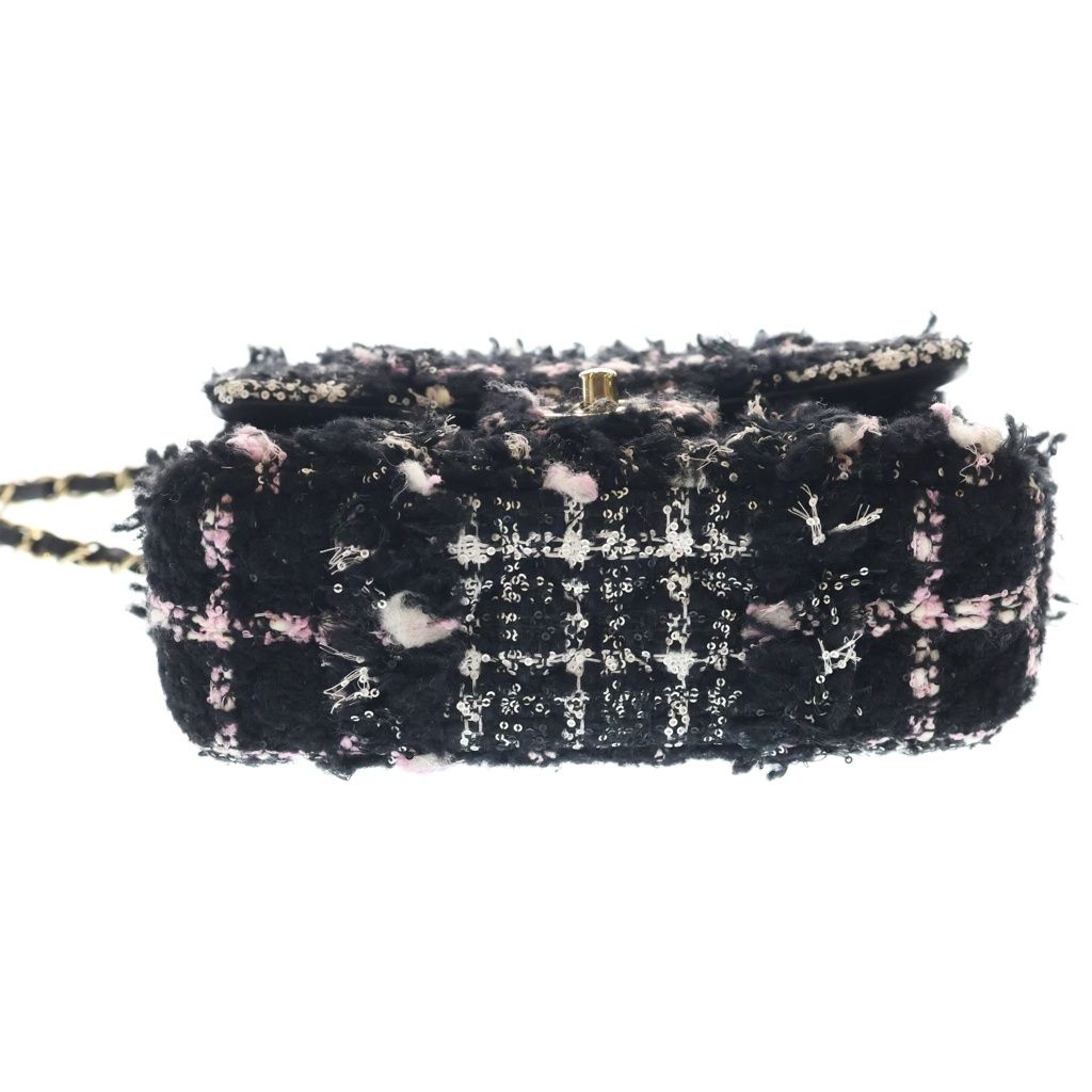 Chanel Mini Quilted Tweed Chain Shoulder Bag Black Pink White Gold — view 4