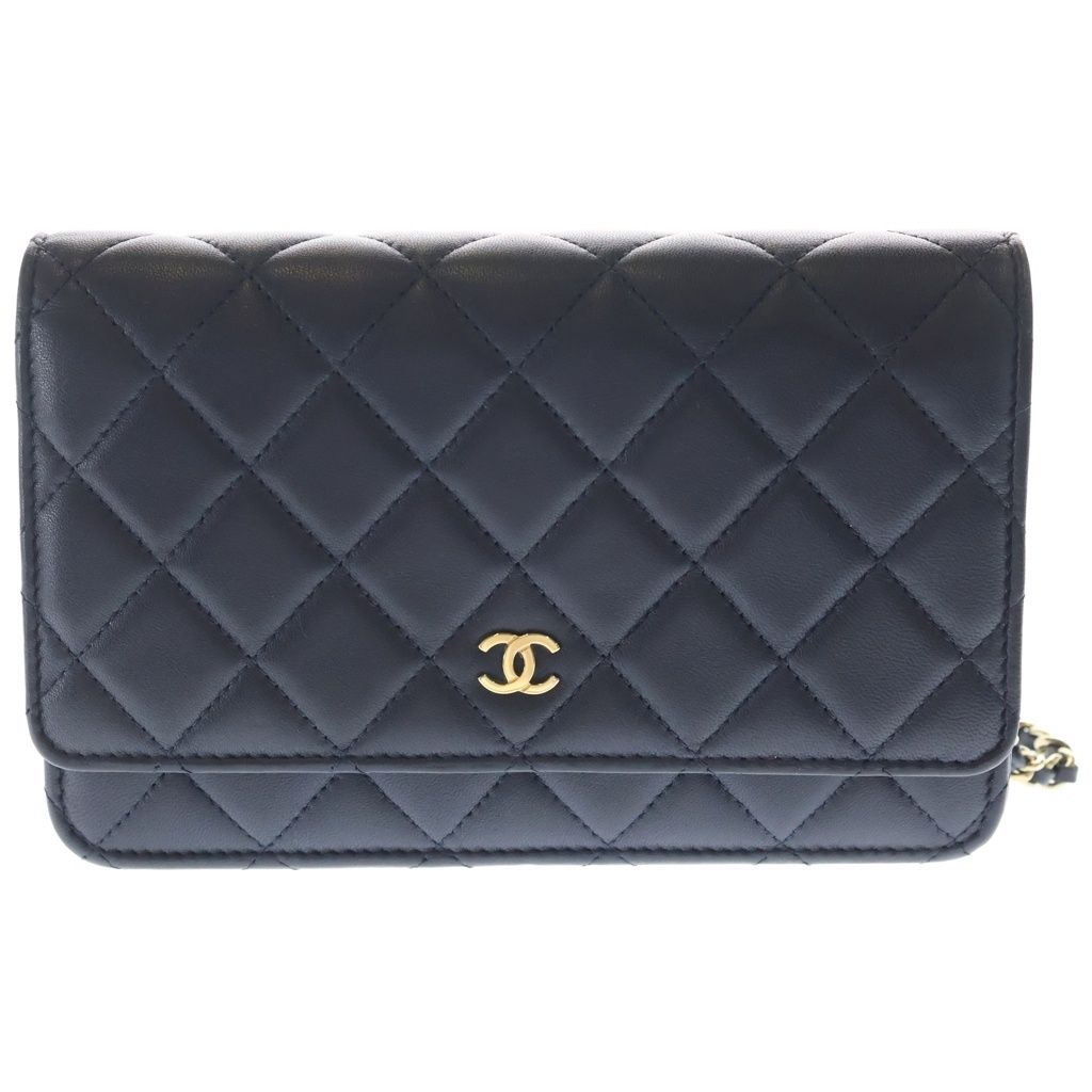 Chanel Quilted Chain Wallet Shoulder Bag Navy Lambskin Gold