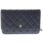 Chanel Quilted Chain Wallet Shoulder Bag Navy Lambskin Gold