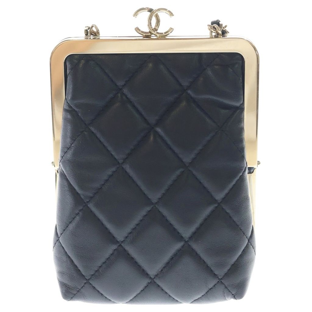 Chanel Quilted Chain Clutch Mini Shoulder Bag Black Lambskin Gold