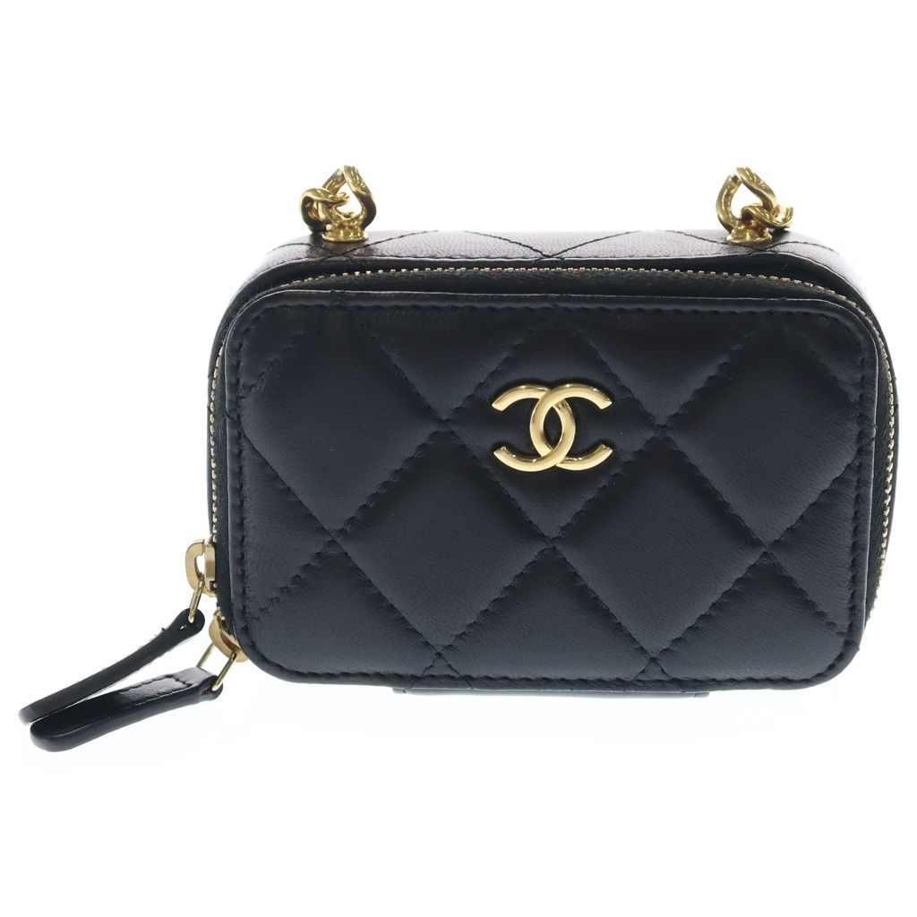 Chanel Quilted Pearl Chain Shoulder Wallet Black Lambskin Gold