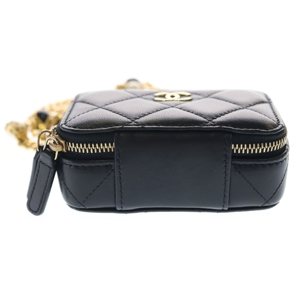 Chanel Quilted Pearl Chain Shoulder Wallet Black Lambskin Gold — view 4