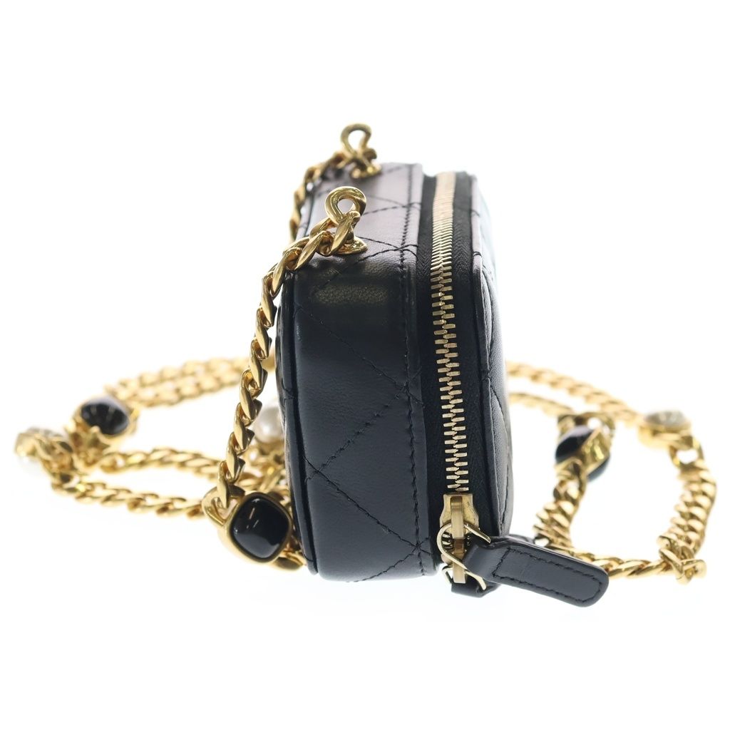 Chanel Quilted Pearl Chain Shoulder Wallet Black Lambskin Gold — view 3