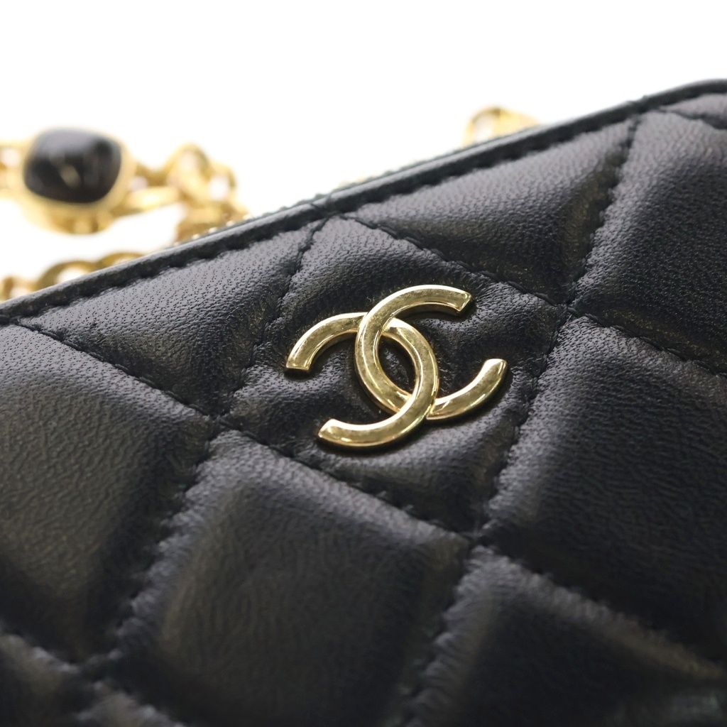 Chanel Quilted Pearl Chain Shoulder Wallet Black Lambskin Gold — view 7