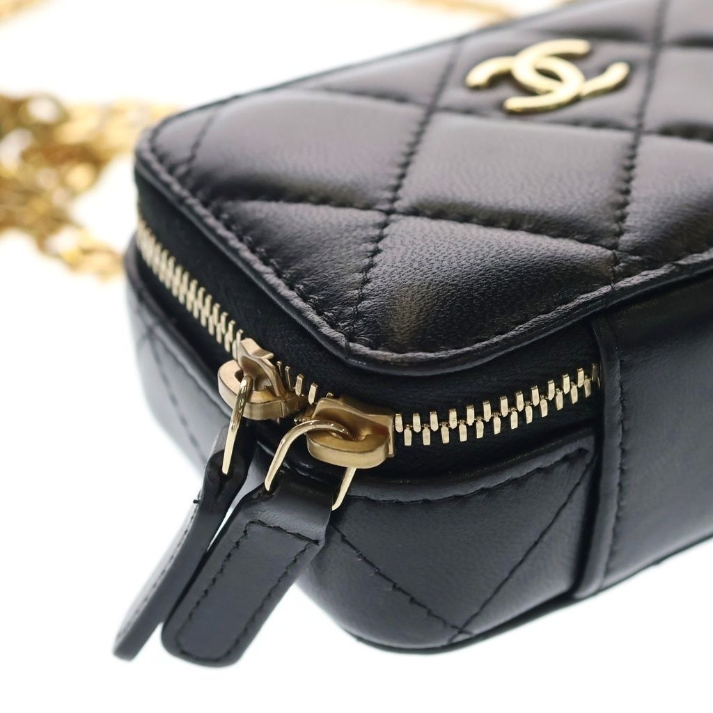 Chanel Quilted Pearl Chain Shoulder Wallet Black Lambskin Gold — view 5