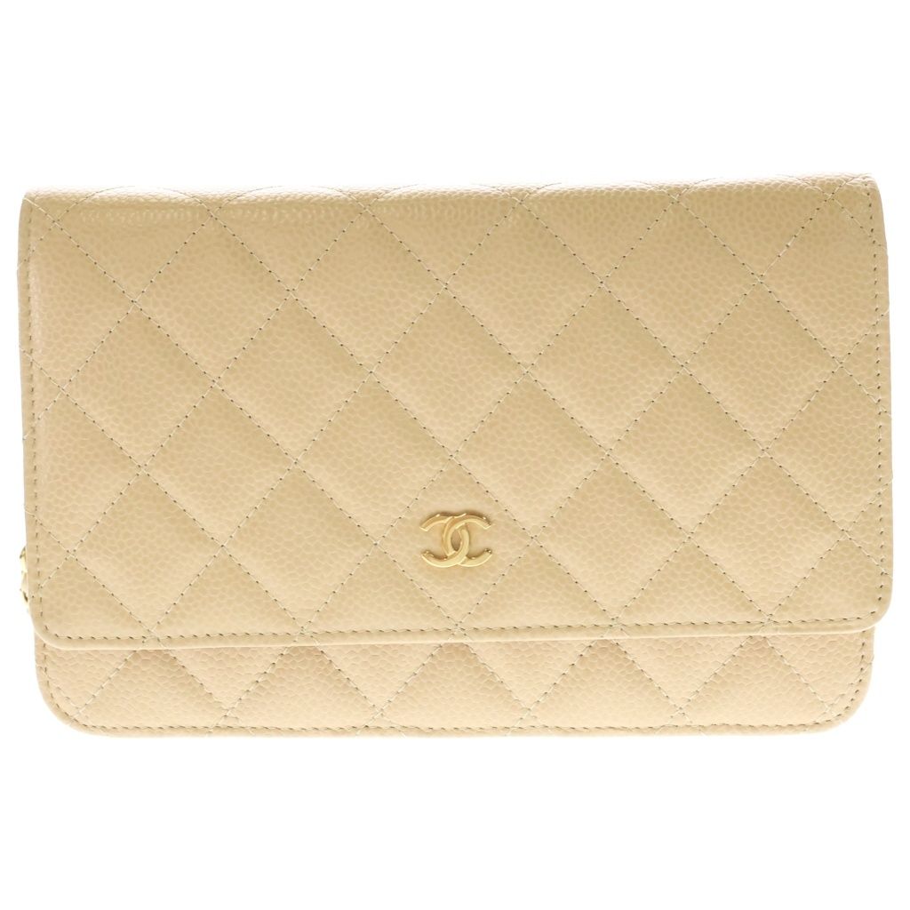 Chanel Quilted CC Logo Caviar Leather Gold Chain Wallet Shoulder Bag Plate Beige