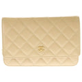 Chanel Quilted CC Logo Caviar Leather Gold Chain Wallet Shoulder Bag Plate Beige