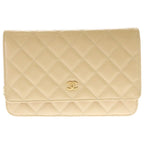 Chanel Quilted CC Logo Caviar Leather Gold Chain Wallet Shoulder Bag Plate Beige