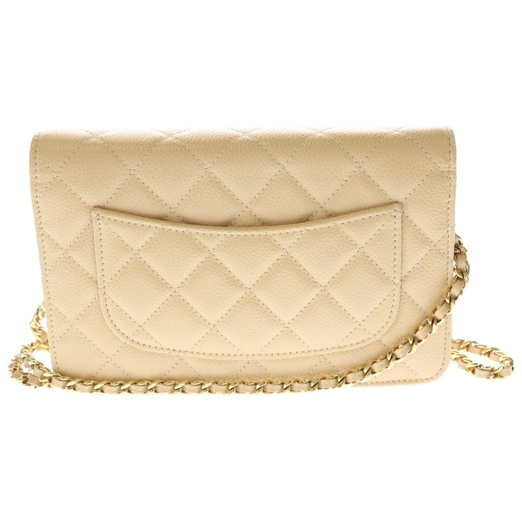 Chanel Quilted CC Logo Caviar Leather Gold Chain Wallet Shoulder Bag Plate Beige — view 2
