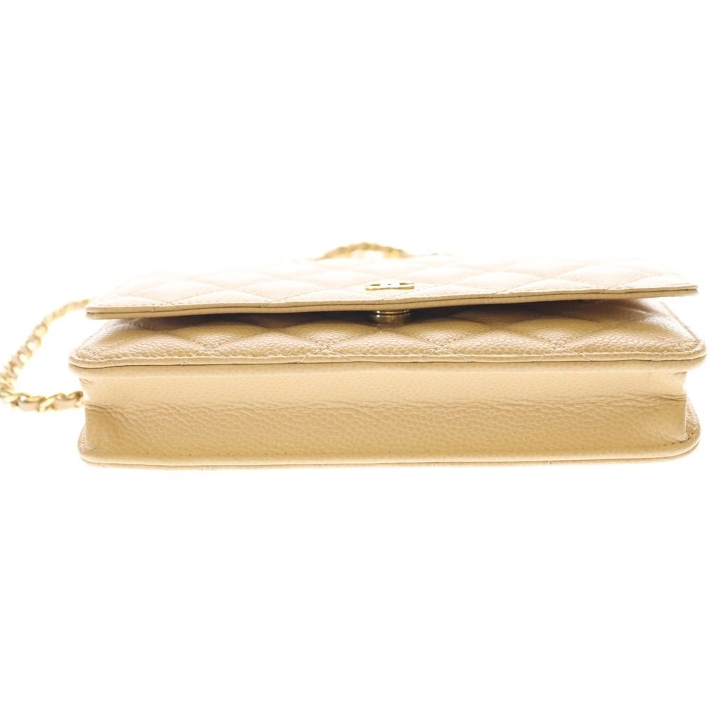 Chanel Quilted CC Logo Caviar Leather Gold Chain Wallet Shoulder Bag Plate Beige — view 4