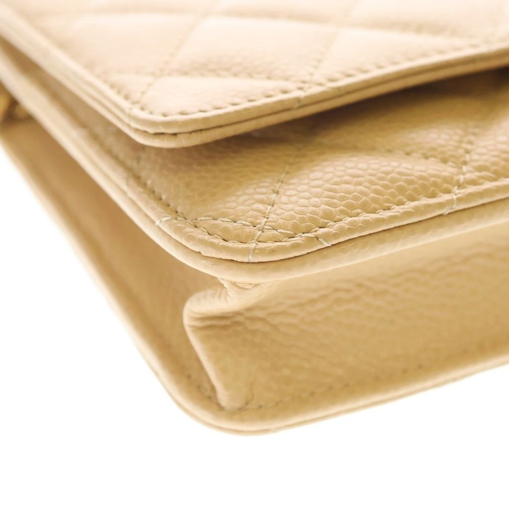 Chanel Quilted CC Logo Caviar Leather Gold Chain Wallet Shoulder Bag Plate Beige — view 5