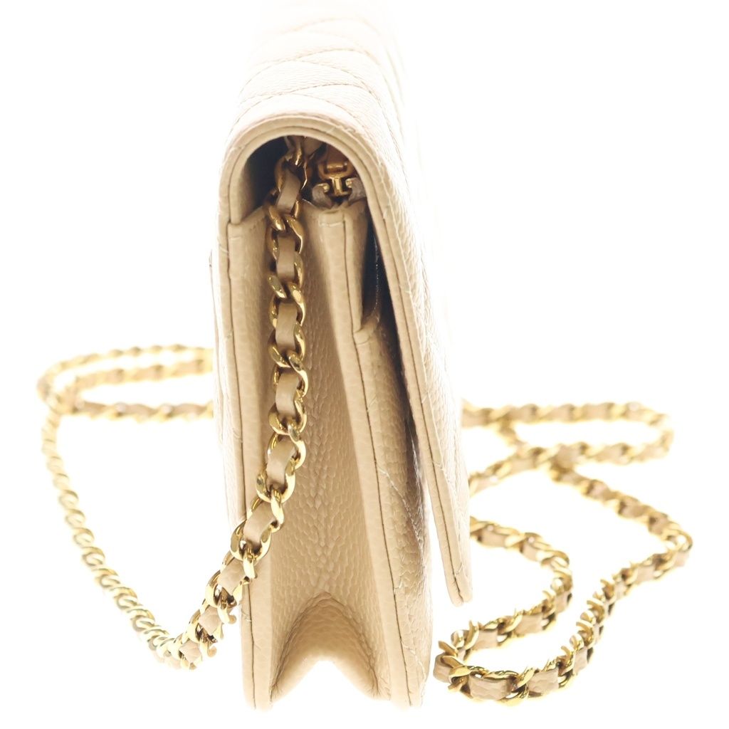 Chanel Quilted CC Logo Caviar Leather Gold Chain Wallet Shoulder Bag Plate Beige — view 3