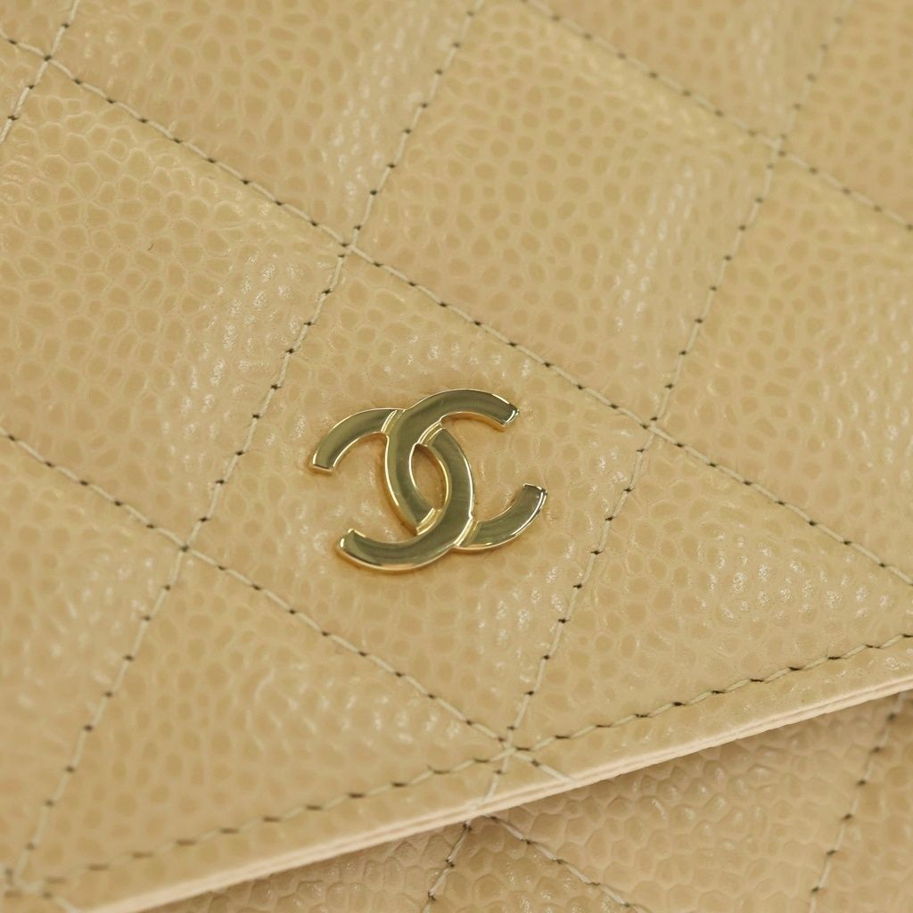Chanel Quilted CC Logo Caviar Leather Gold Chain Wallet Shoulder Bag Plate Beige — view 6