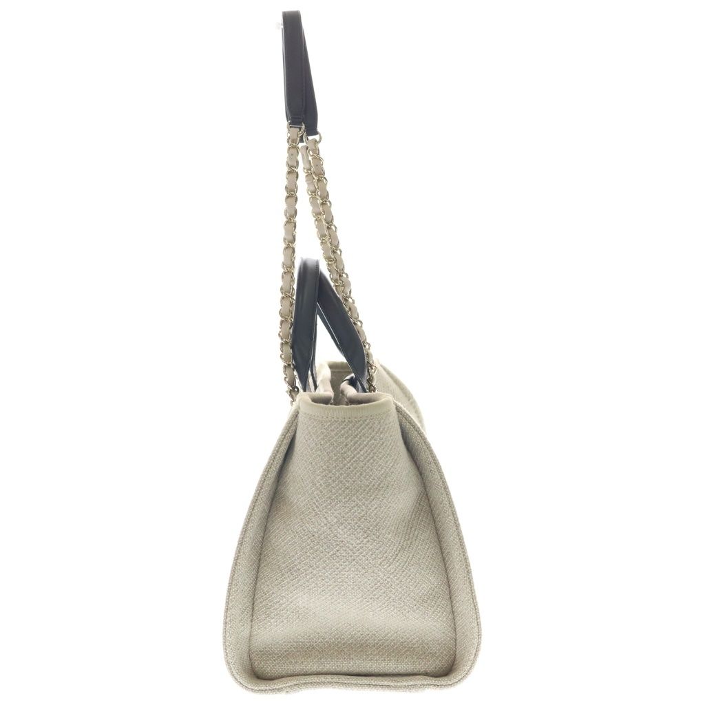 Chanel Deauville MM Canvas Leather Gold 2-Way Handbag Chain Tote Beige Black — view 3