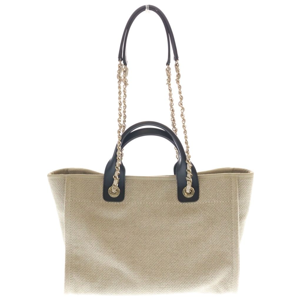 Chanel Deauville MM Canvas Leather Gold 2-Way Handbag Chain Tote Beige Black — view 2