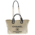 Chanel Deauville MM Canvas Leather Gold 2-Way Handbag Chain Tote Beige Black