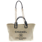 Chanel Deauville MM Canvas Leather Gold 2-Way Handbag Chain Tote Beige Black