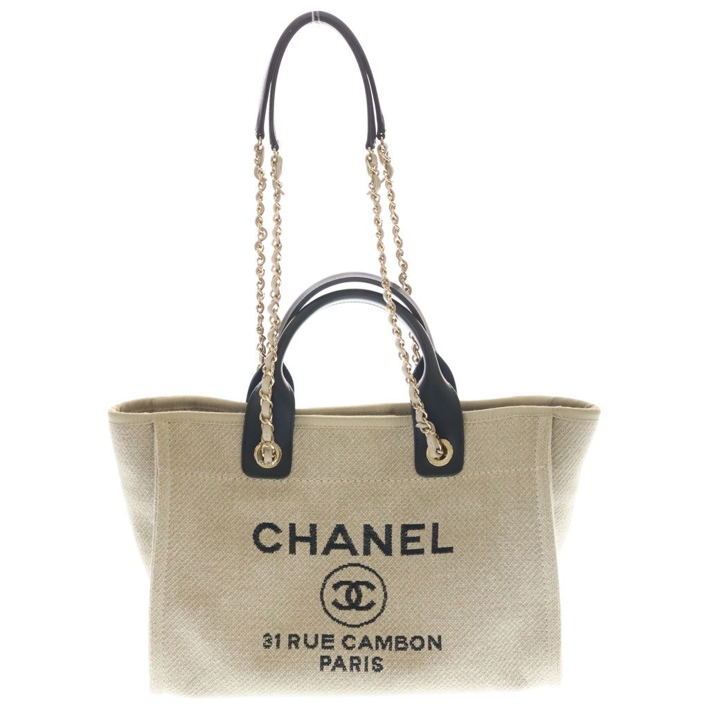Chanel Deauville MM Canvas Leather Gold 2-Way Handbag Chain Tote Beige Black