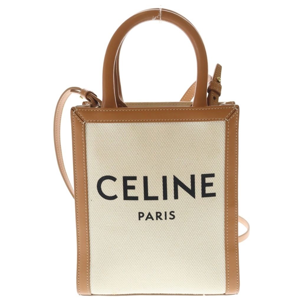 Celine Mini Vertical Cover 2-Way Shoulder Bag Ivory Brown Leather Canvas Gold