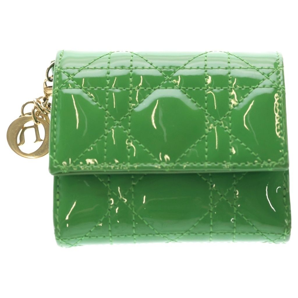 Dior Lady Lotus Wallet Patent Cannage Trifold Compact Green